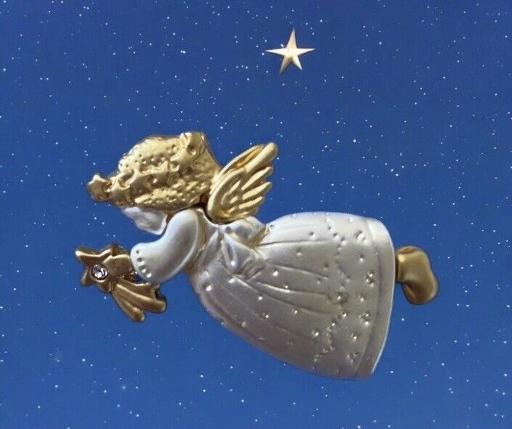 New Handcrafted Mixed Metal & Crystal Flying Angel with Crystal Star Pin Brooch